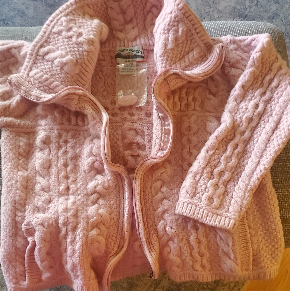 Aran Crafts Pink Cable Knit Wool Jacket